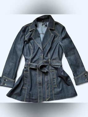 Bisou Bisou Dark Denim Trench Coat with Belt